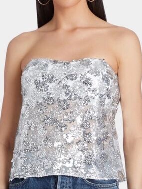 Amanda Uprichard Silver Sequin Strapless Top